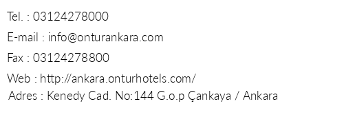 Ontur Hotel Ankara telefon numaralar, faks, e-mail, posta adresi ve iletiim bilgileri